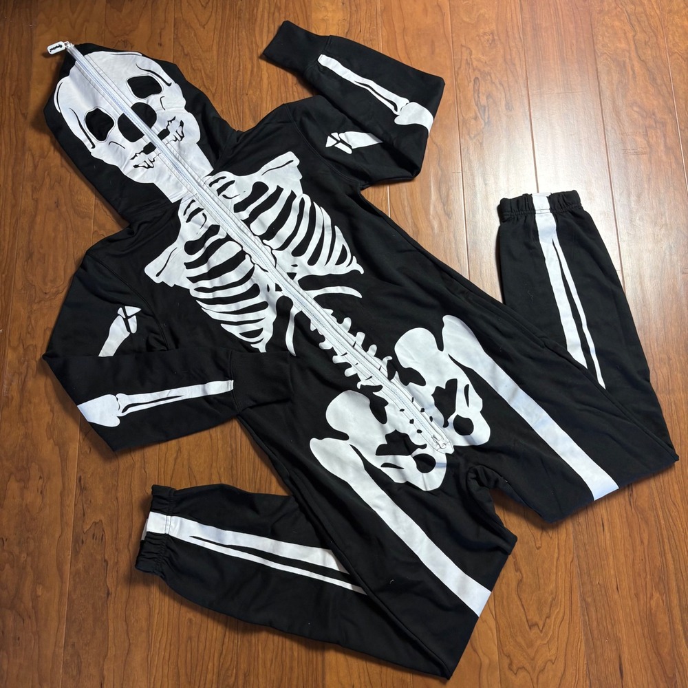 Tipsy Elves Skeleton Jumpsuit XS Black White Full Zip Hooded Costume One Piece